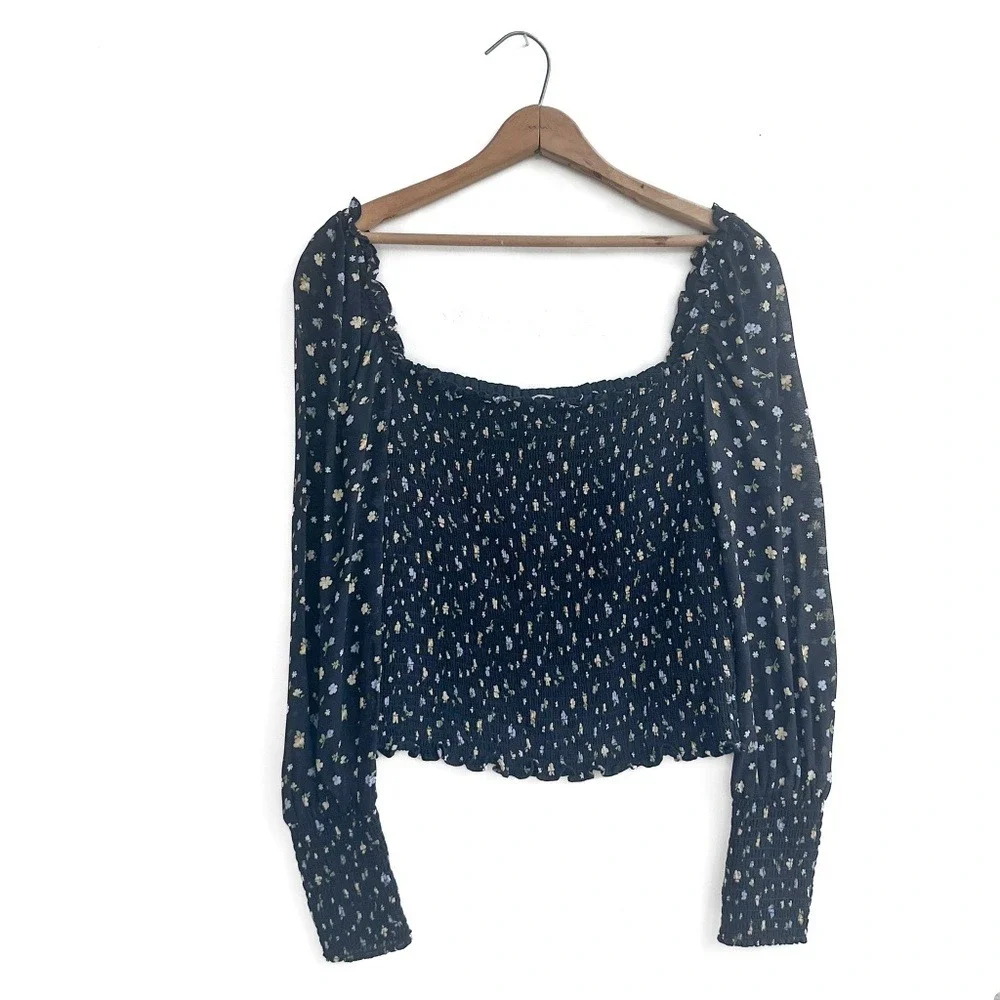 Reformation Navy Blue Floral Smocked Long Sleeve Blouse